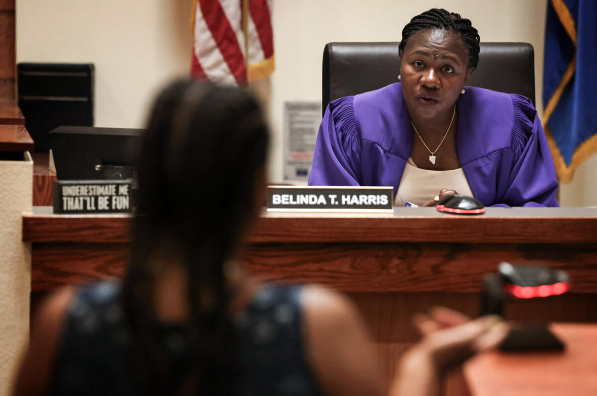 North Las Vegas Justice of the Peace Belinda T. Harris listens to a defendant Chelsea Powell, 29, during a home eviction hearing on Tuesday, July 18, 2023. (Jeff Scheid/The Nevada Independent)